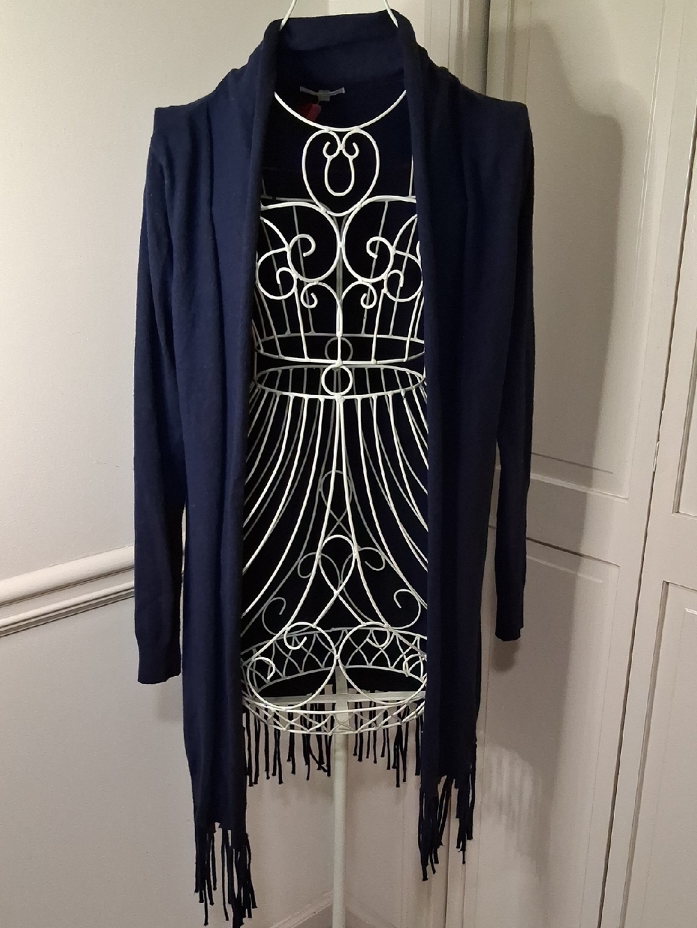 Jade Navy Long-Sleeve Fringe Open-Front Cardigan